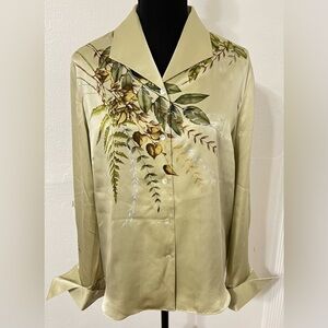 Starington Vintage Elegant MINT FLORAL 100% SILK SHIRT Cuff Sleeve Front Buttons
